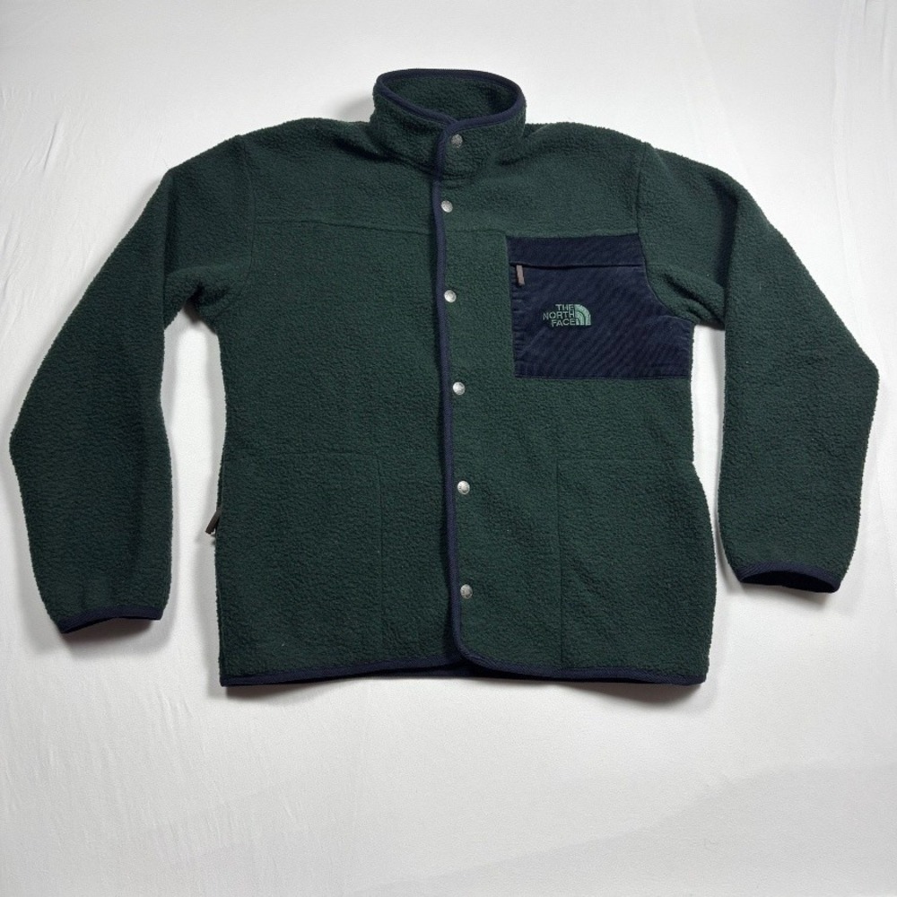 The North Face Men's Sherpa Fleece Jacket Green Navy Snap Front Medium